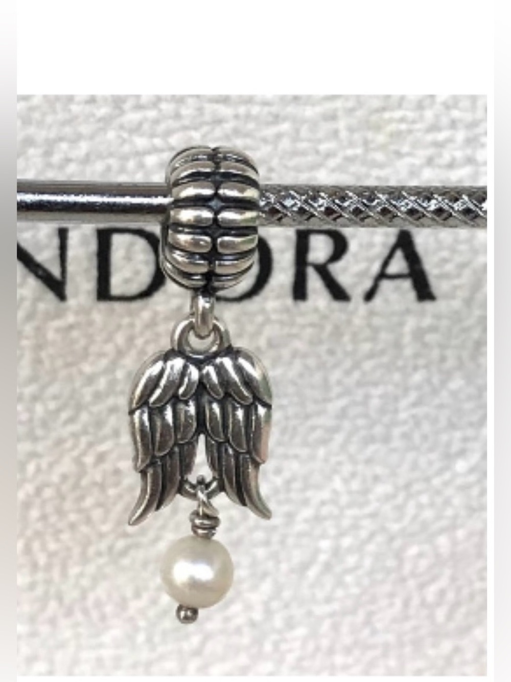 Pandora Silver authentic Angel Wings Dangle Charm with White Bead -retired